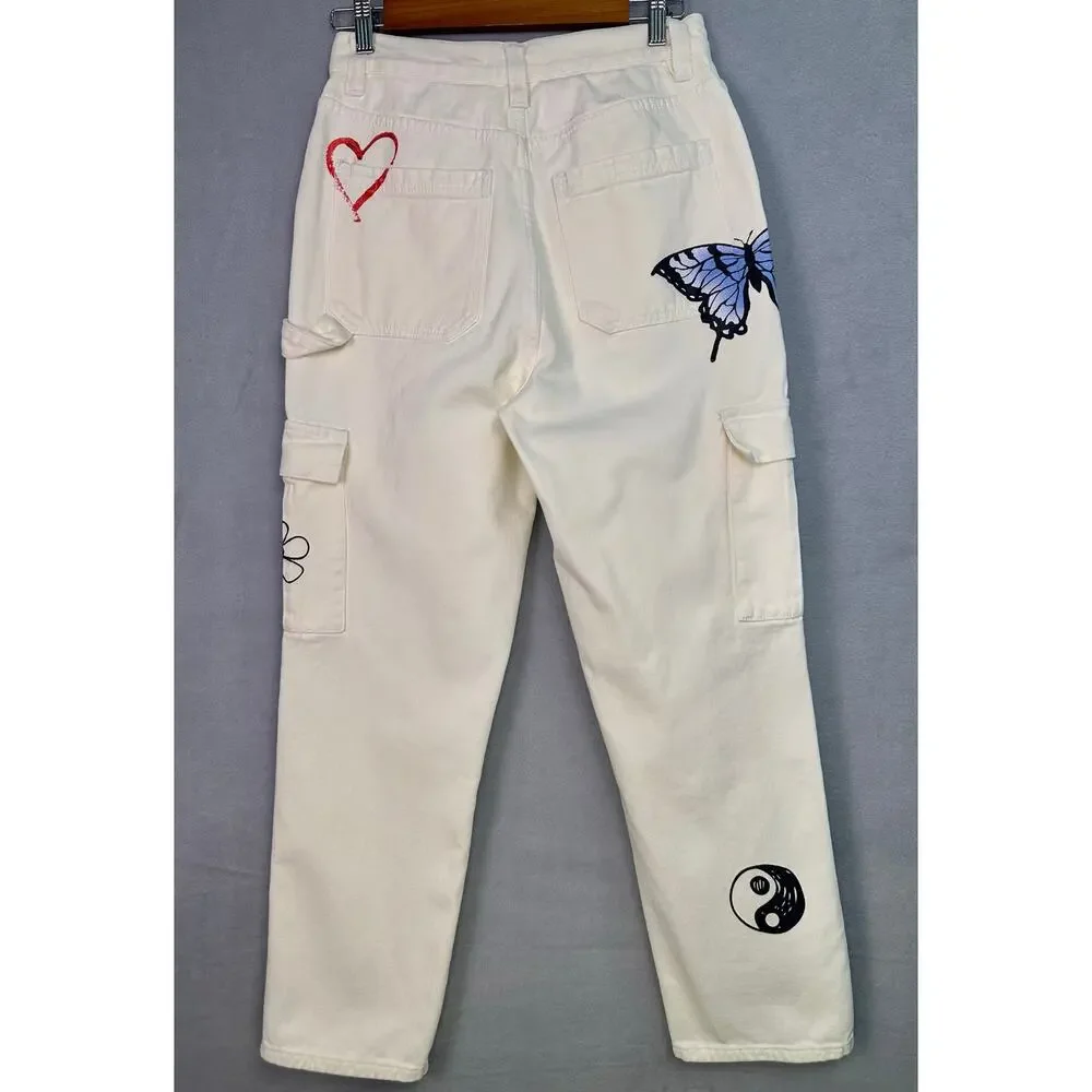 PacSun Sketchbook High Rise Carpenter Cargo Jeans Cream Graphic Doodle Size 27 - Picture 3 of 12